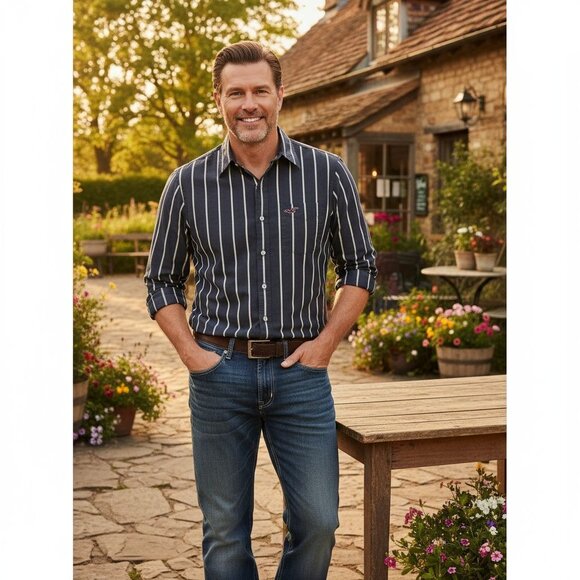 Mens Hollister Navy & White Striped Long Sleeve Button-Up Shirt Small 100% Cotto - Picture 1 of 5